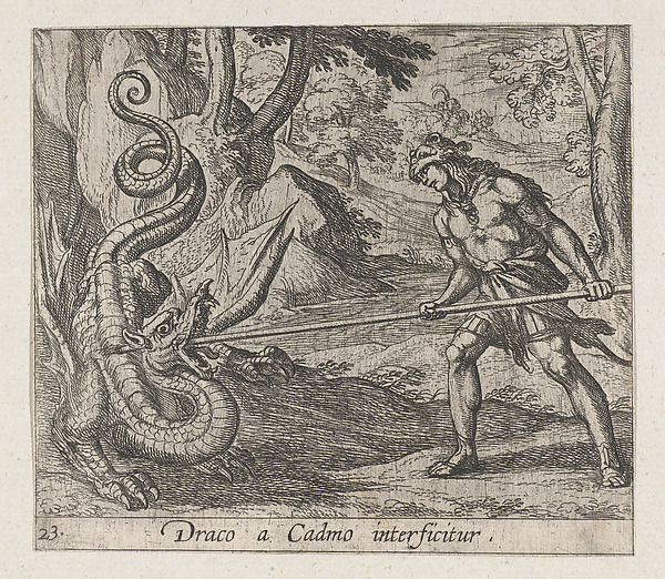 Antonio Tempesta, Plate 23: Cadmus Killing the Serpent (Draco a Cadmo interficitur), from Ovid's 'Metamorphoses'