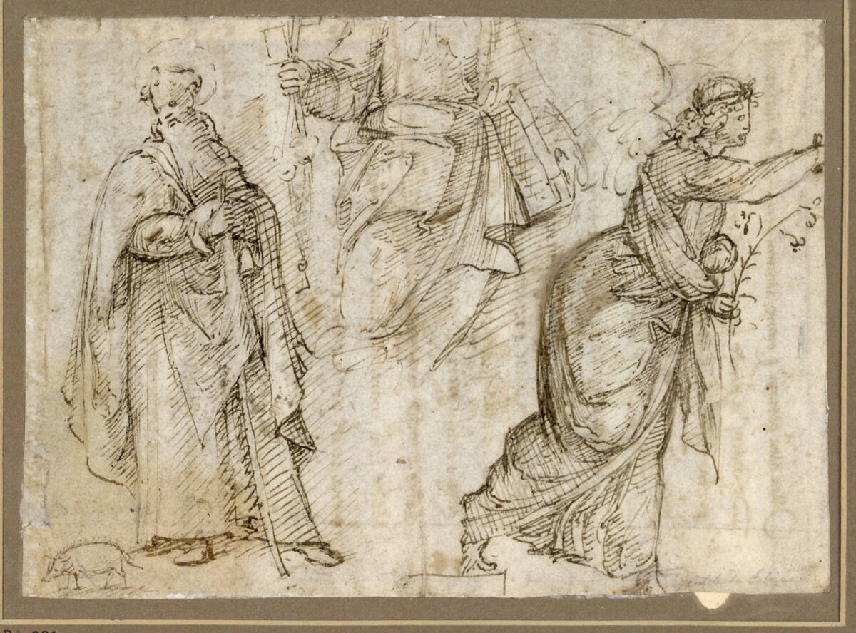Anonym, Studienblatt. (In der Mitte Petrus, links S. Antonius Abbas, rechts der Verkündigungsengel)