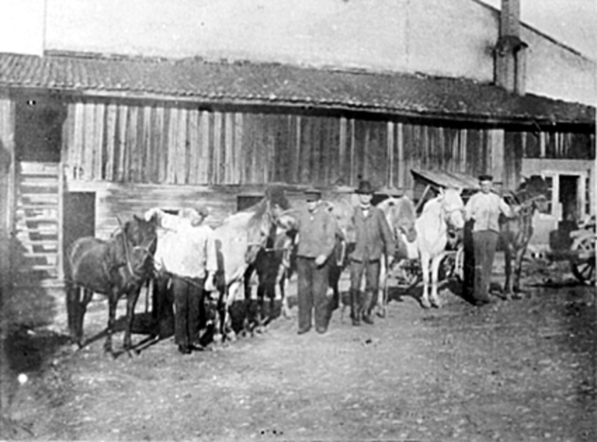 Anno Domkirkeodden, EKSTERIØR BAKGÅRD MED STALLER, 7 HESTER OG FIRE MENN FORAN JØNSRUDGÅRDEN, TORGGATA 91.