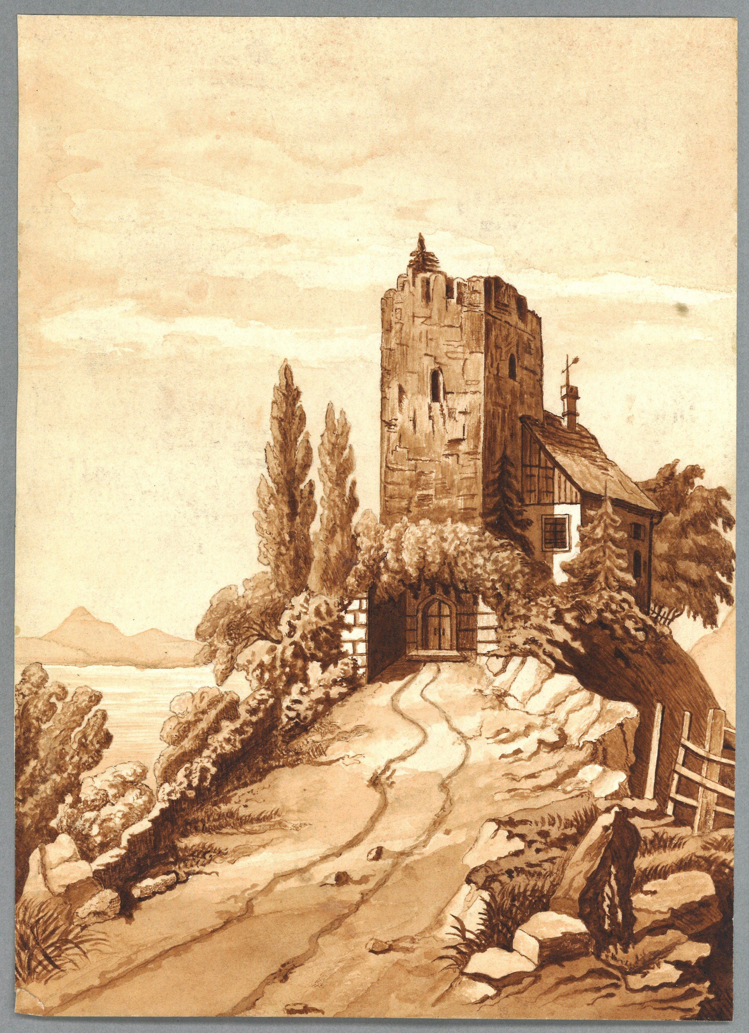 Paul Becker (Lehrer), Unidentifizierter Ort: Burgturm mit angebautem Wohnhaus in Berglandschaft