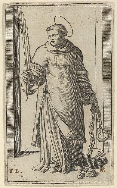 Marcantonio Raimondi, St Leonard standing holding a palm in his right hand and chains in his left, from "Piccoli Santi" (Small Saints)