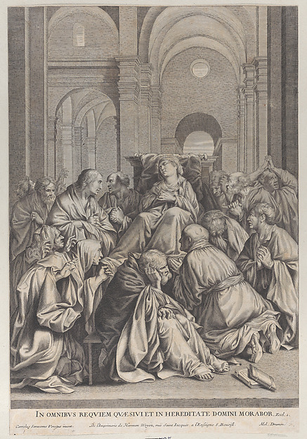 Anonymous, Death of the Virgin, lying on a chair at center, surrounded by Apostles, inside a temple