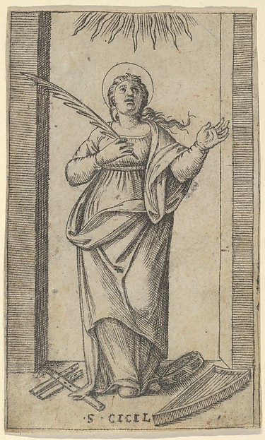 Marcantonio Raimondi, Saint Cecilia standing holding a palm of martyrdom in her right hand, from "Piccoli Santi" (Small Saints)