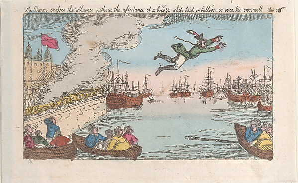 Thomas Rowlandson, The Baron crosses the Thames without the assistance of a bridge, ship, boat, or balloon, or even his own will