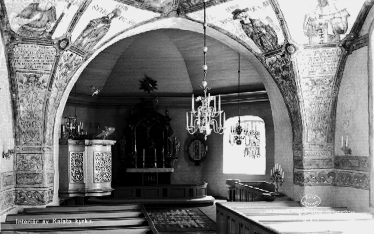 Olof Lilljeqvists Konstförlag, Interiör av Knista kyrka. Bilden tagen för vykort. Förlag: E. & M. Kjell, Fjugesta.