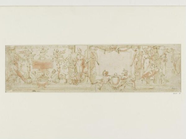 Unknown, Design for a frieze ornamented with scrolled frames, putti and other human figures