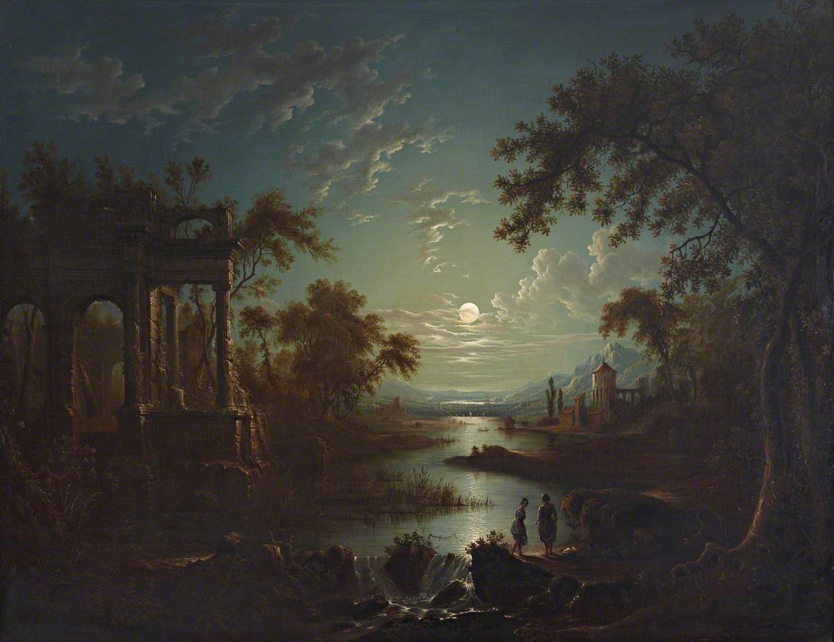 Sebastian Pether, Moonlit River Scene with a Capriccio of Ruins