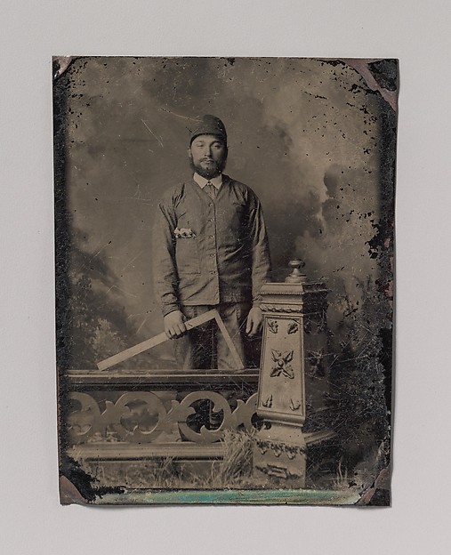 Unknown, [Carpenter, Standing Behind a Decorative Balustrade, Holding a Square]