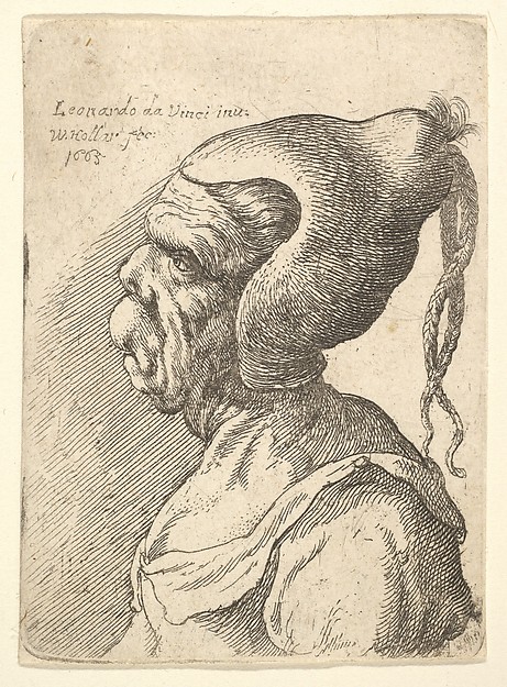 Wenceslaus Hollar, Bust of a deformed woman with conical hat and two dangling plaits in profile to left