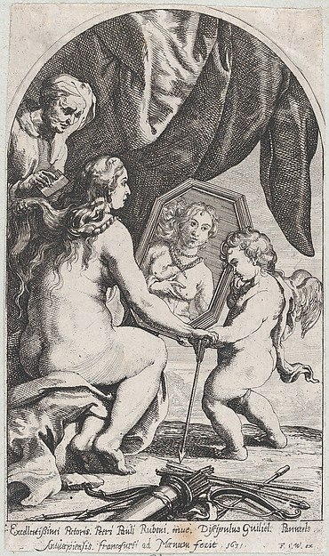 Willem Panneels, Venus before a mirror held by Cupid while her hair is combed by an old woman