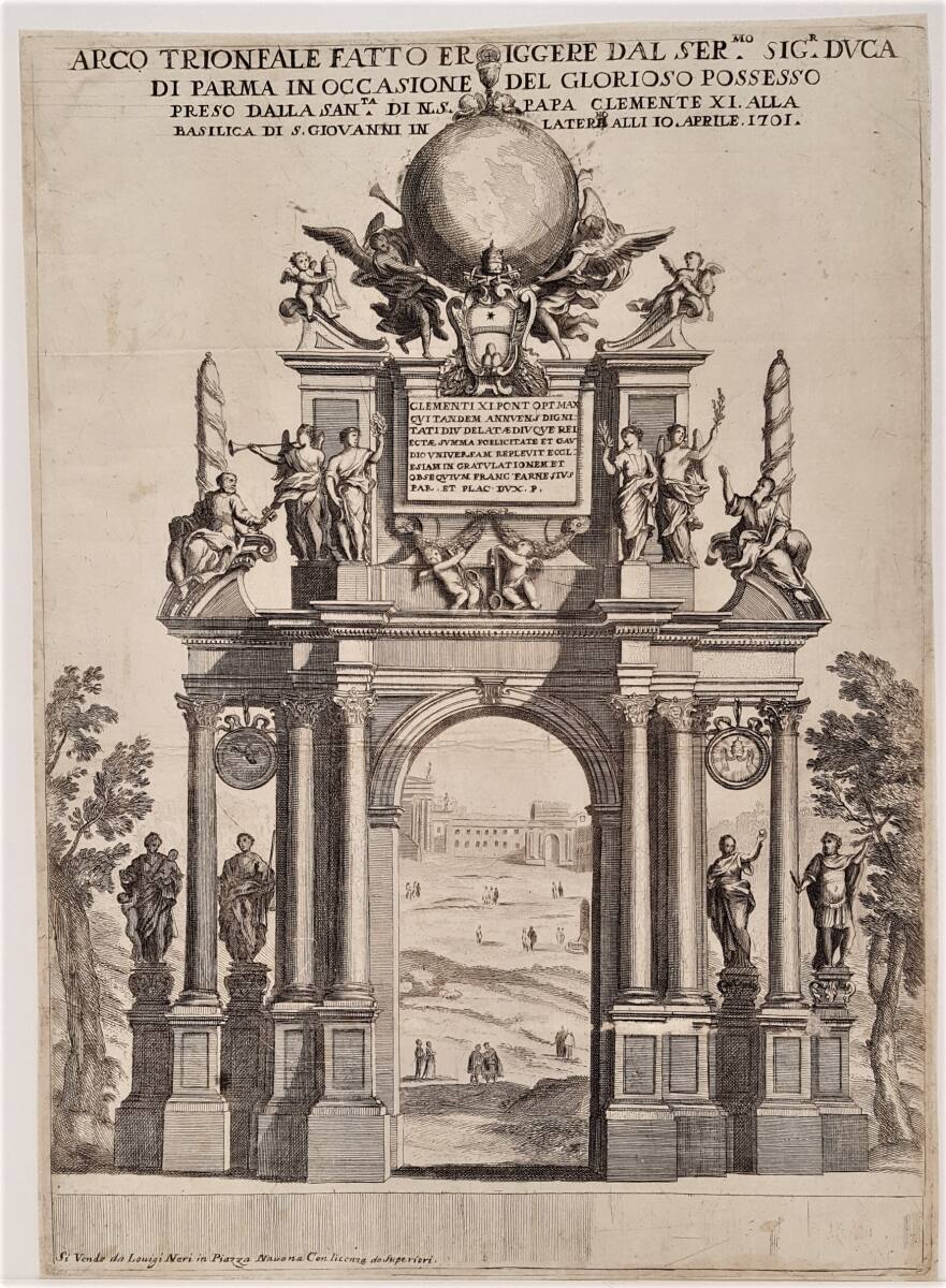 Anonym, Triumphbogen des Herzogs von Parma anläßlich der Prozession zur Inbesitznahme von San Giovanni in Laterano durch Papst Clemens XI. am 10. April 1701 in Rom