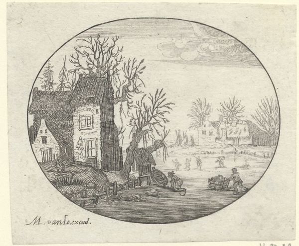 Hooch, Carel de, (1577?-1638), (printmaker), Landscapes in ovals: Landscape with ice skating figures