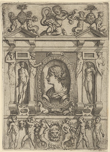 Battista Angolo del Moro, Bust of a woman in profile facing left, set in an elaborate frame with figures in niches