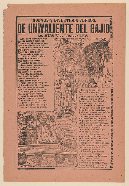 José Guadalupe Posada, Broadsheet with new and entertaining verses about a 'Brave Man from the Heartland to His Friends' a caricature of a horseman and his horse and a group of men playing billiards