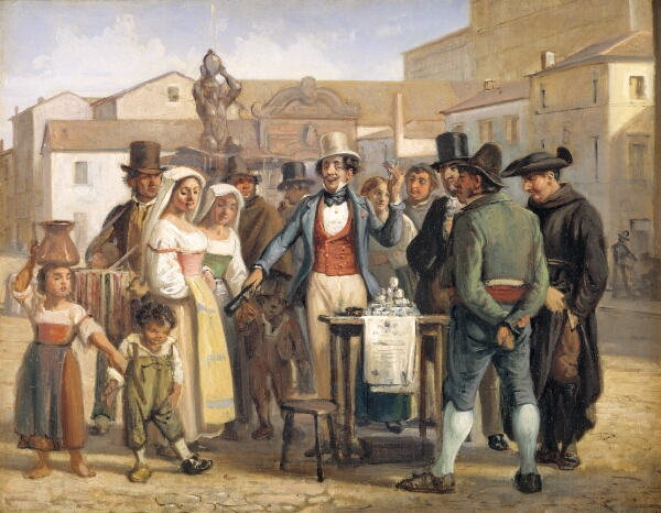 Wilhelm Marstrand, En charlatan sælger blanksværte på Piazza Barberini i Rom