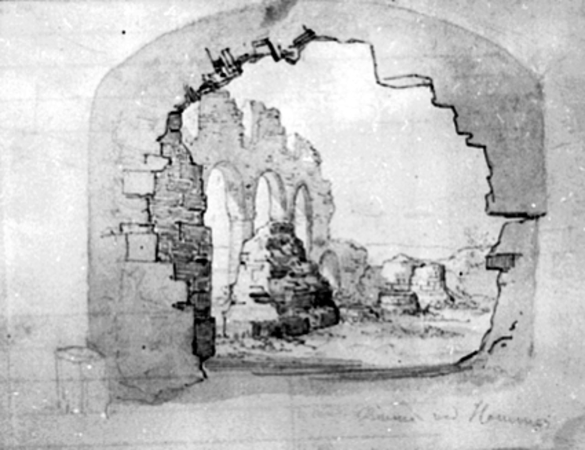 Anno Domkirkeodden, SKISSE AV DOMKIRKERUINEN, TEGNET AV JOACHIM FRICH, HEDMARKSMUSEET OG DOMKIRKEODDEN