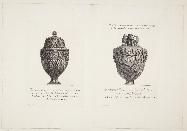 Giovanni Battista Piranesi, Vase med låg udsmykket med maske, samt en urne med løve og hunde på låget