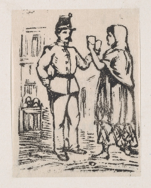 José Guadalupe Posada, A man in uniform and a woman in a shawl and skirt raising their glasses to one another
