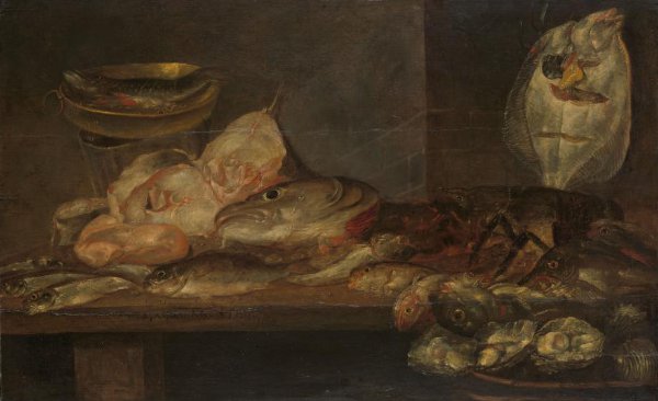 Alexander Adriaenssen, Still Life with Fish and a Lobster and Oysters on a Table nearby