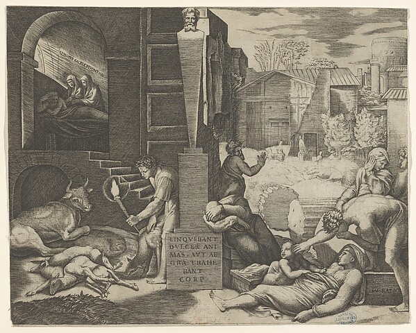 Marcantonio Raimondi, A plague scene at right, a man at left holding a torch illuminating part of the scene at left, sick people at the right
