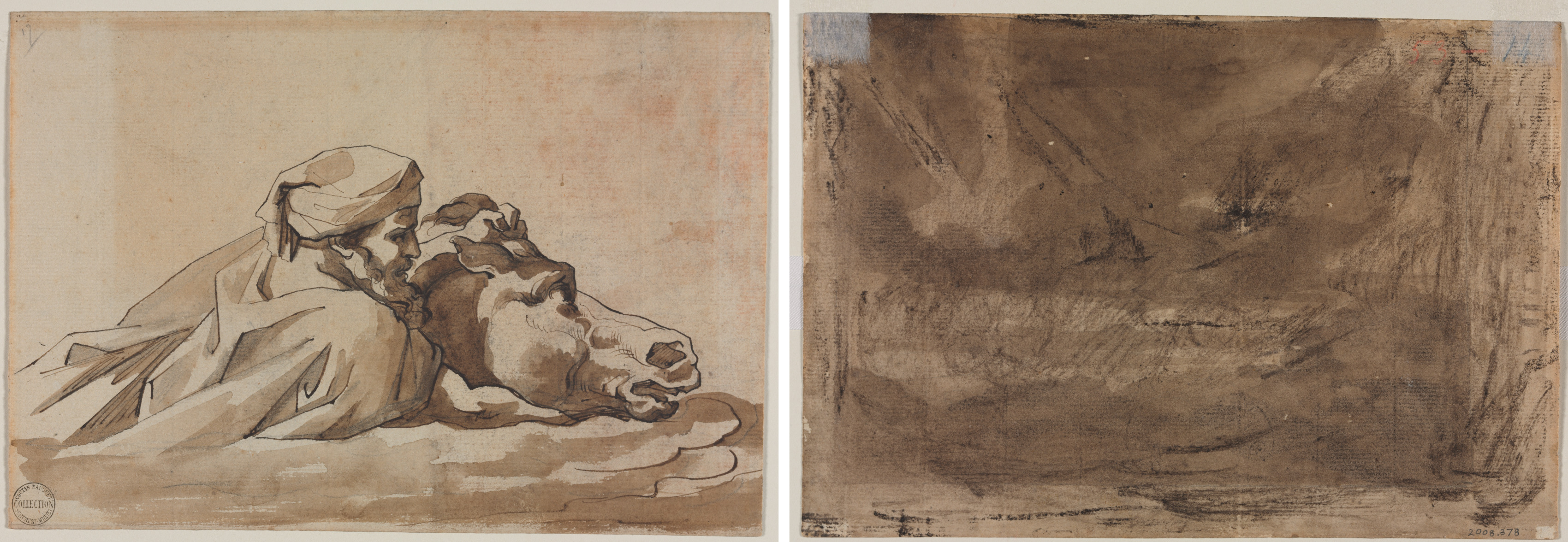 Théodore Géricault, Man Clutching a Horse in Water, after Poussin's "Deluge" (recto); Compositional Study? (possibly for "Poussin's Deluge") (verso)
