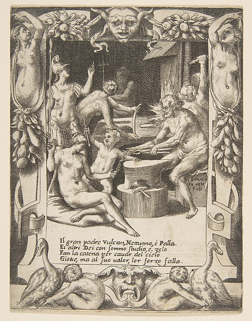 Giulio Bonasone, Vulcan, Neptune, Athena and other Gods making Shackles to pull Jupiter from the Heavens, set within an elaborate frame, from "Loves, Rages and Jealousies of Juno"