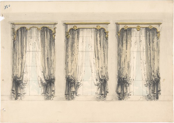 Anonymous, British, 19th century, Design for Three Sets of Gray Curtains , with Gray and Gold Pediments