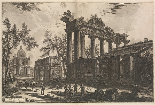 Giovanni Battista Piranesi, Another view of the remains of the Pronaos of the Temple of Concord (The Temple of Saturn with Arch of Septimius Severus in left background), from "Vedute di Roma" (Views of Rome), part I