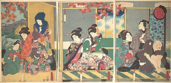 Utagawa Kunisada, Banquet of the Next Full Moon at the Chrysanthemum Festival, from the series The Twelve Months (Chōyō nochi no tsuki no en, Jūni tsuki no uchi)