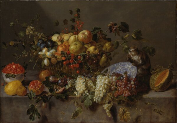 Adriaen van Utrecht, Stilleben med frukter och druvätande markatta