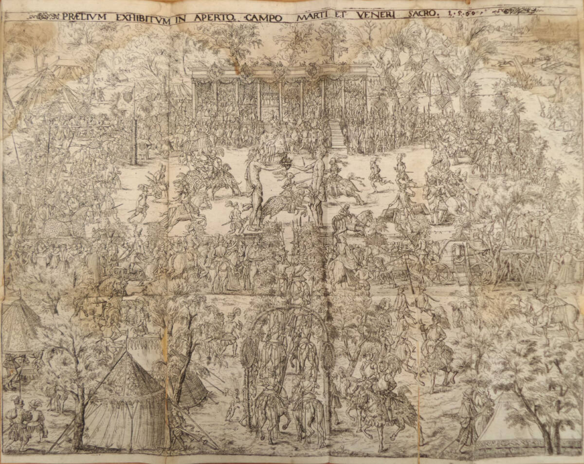 Anonym, Gründtliche vnd khurtze beschreibung des alten vnnd jungen Zugs ...: Das Reiterturnier auf offenem Feld, im Unteren Werd, vor Statuen von Mars und Venus (Praelium exhibitum in aperto campo Marti et Veneri sacro)