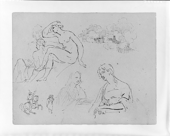 Thomas Sully, Study of Clouds; Two Female Nudes (after Michelangelo?); Two Half-length Female Portraits; Equestrian Figure with Two Men (from Sketchbook)
