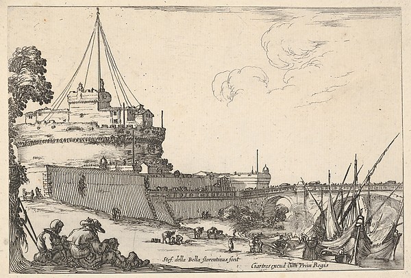 Stefano della Bella, The Castel Sant'Angelo and the Pont Sant'Angelo in Rome, various boats unloading to right, two pilgrims with children seated to left, from "Varie Figure"
