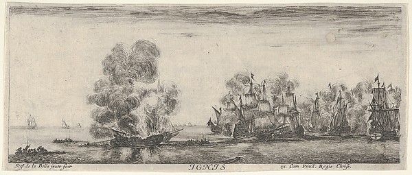 Stefano della Bella, Fire, a flotilla on fire in center and to the right, two boats full of people to left, from "The Four Elements" (Les Quatre Eléments)