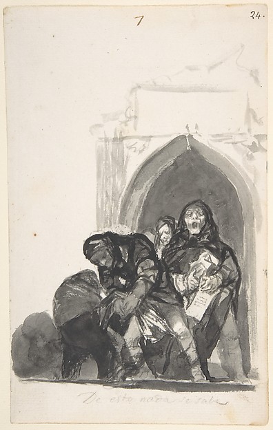 Goya (Francisco de Goya y Lucientes), Nothing is Known of This; two figures picking up a body in front of a church, a monk singing next to them and another in the background; page 7 from the "Witches and Old Women" Album (D)