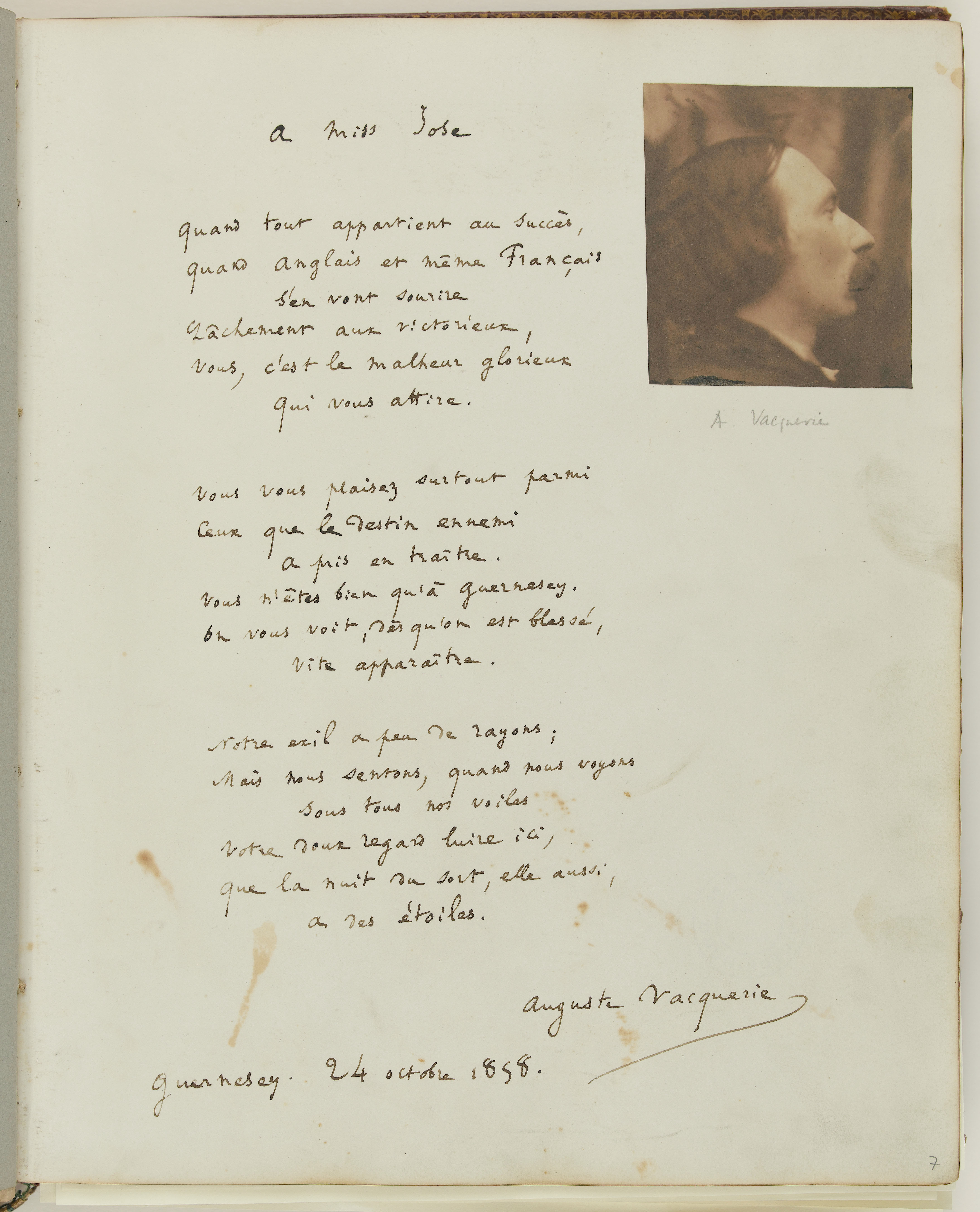 Auguste Vacquerie, Autoportrait d'Auguste Vacquerie et poème dédié à Miss Joss