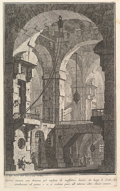 Giovanni Battista Piranesi, Dark prison with a courtyard for the punishment of criminals... (Carcere oscura con Antenna pel suplizio dè malfatori...), from "Prima Parte di Architettura, e Prospettive"
