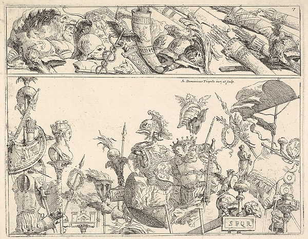 Giovanni Domenico Tiepolo, Roman arms, standards, and trophies, a composition divided into two horizontal bands