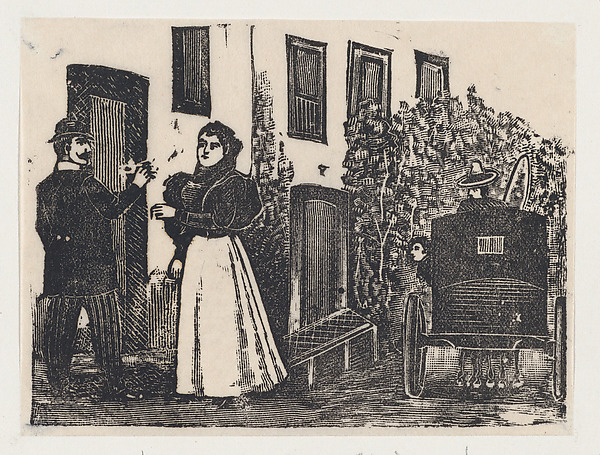 José Guadalupe Posada, A middle-class couple (Maria la chiquita) outside a house with a waiting coach