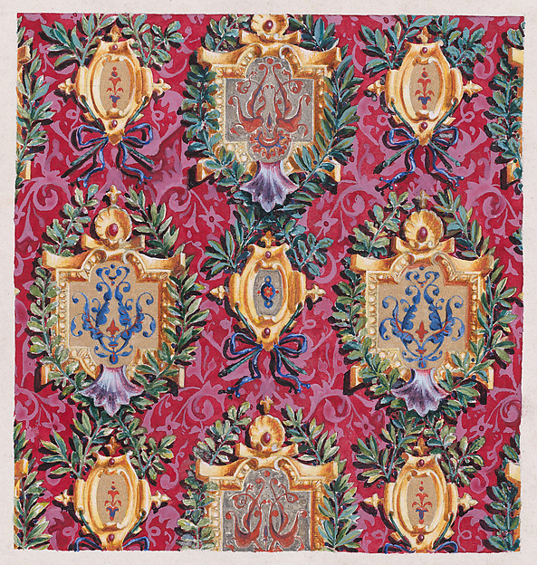 Anonymous, French, 19th century, Design for Wallpaper with Alternating Vertical Rows of Pairs of Ornamental Frames of Two Sizes Framed by Interlacing Garlands of Laurel Leaves Tied by a Bow