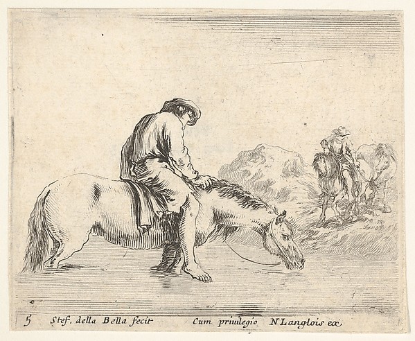 Stefano della Bella, Plate 5: a barefoot peasant on horseback crossing a river, another peasant on horseback and leading a horse on a bank to right in the background, from "Diversi Capricci"
