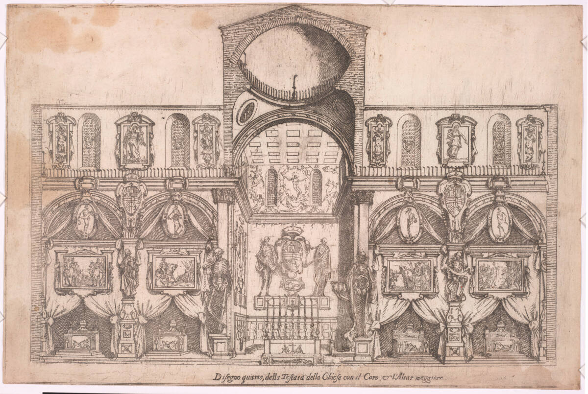 Anonym, Trauerarchitektur in der Basilica San Lorenzo, Florenz 1598, anlässlich der Begräbnisfeierlichkeiten zu Ehren Philipps II. von Spanien: Vierte Zeichnung