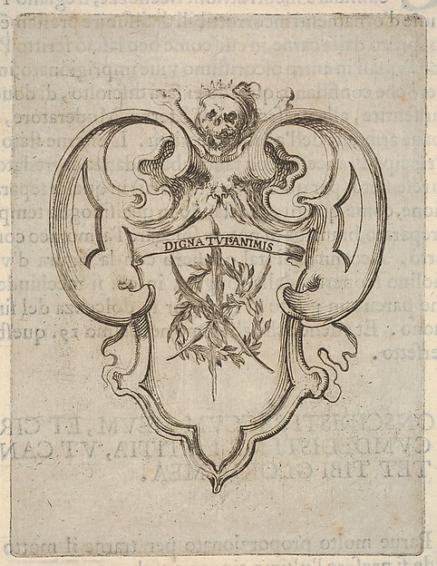 Stefano della Bella, A cartouche with a wreath of laurel and palms, a skull and crossbones at top, from "Eight Emblems for the Funeral of Francesco de Medici" (Huit emblèmes pour les funérailles du prince François de Médicis)