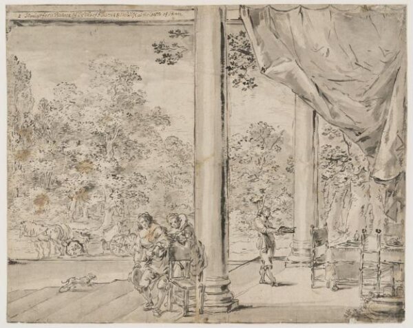 Leonard Bramer, recto: Elegant couple in a curtained loggia with servant bringing food to a table