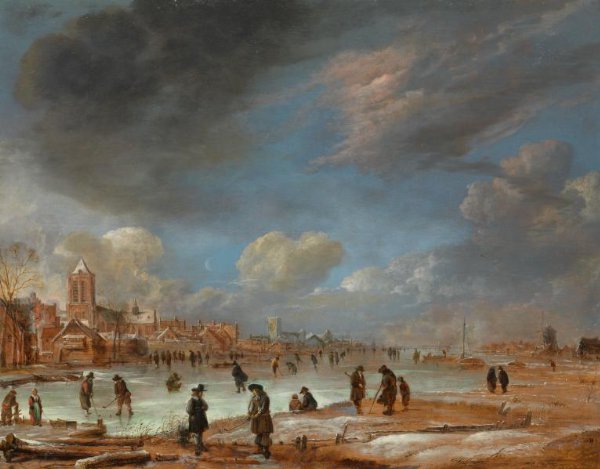 Aert van der Neer, Winter Landscape near a Town with Kolf Players