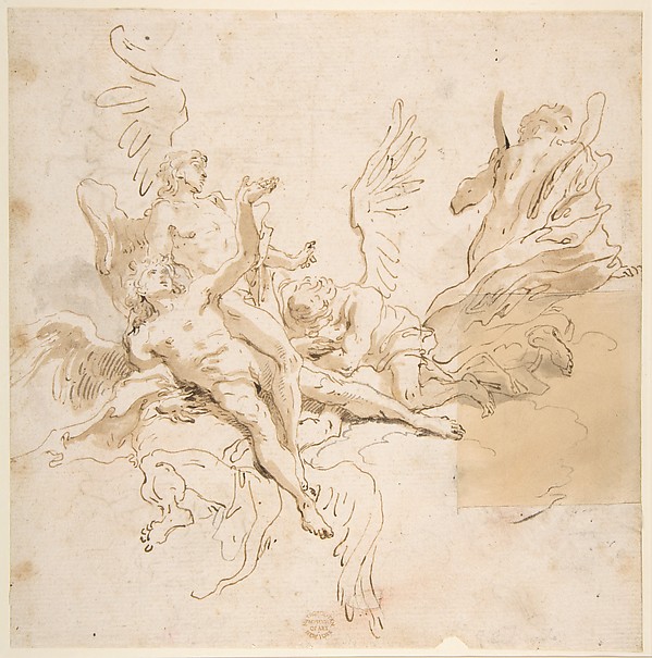 Giovanni Battista Tiepolo, Sheet of Studies: Five Angels (recto); Youth in Clerical Robes and Other Studies (verso)