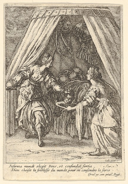 Jacques Callot, Judith placing the head of Holofernes on a tray held by an attendant, with the body of Holofernes on a canopied bed