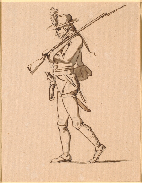 Nicolai Abildgaard, Karikatur af en soldat i profil til venstre. Hans venstre arm ligger i bind, men bærer dog et gevær.