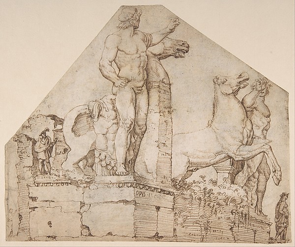 Maarten van Heemskerck, The Dioscuri on Monte Cavallo (recto); Study of a Spiral Staircase (verso)
