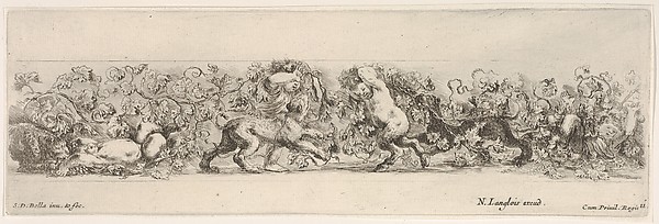 Stefano della Bella, Design for a Frieze with Putti carrying a Vine and Three Felines, plate 11 from "Decorative friezes and foliage" (Ornamenti di fregi e fogliami)